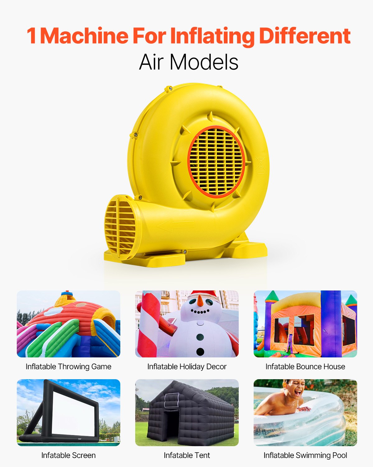 VEVOR Inflatable Blower, 590W&690W, 1.0 HP Bounce House Blower, Pump Commercial Air Blower for Inflatables, 2750RPM Bouncy Castle Electric Air Blower Fan Perfect for Bounce House, Waterslides, Yellow