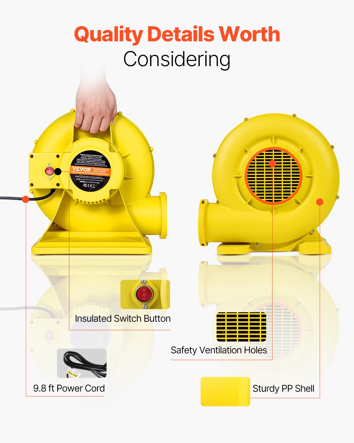 VEVOR Inflatable Blower, 590W&690W, 1.0 HP Bounce House Blower, Pump Commercial Air Blower for Inflatables, 2750RPM Bouncy Castle Electric Air Blower Fan Perfect for Bounce House, Waterslides, Yellow