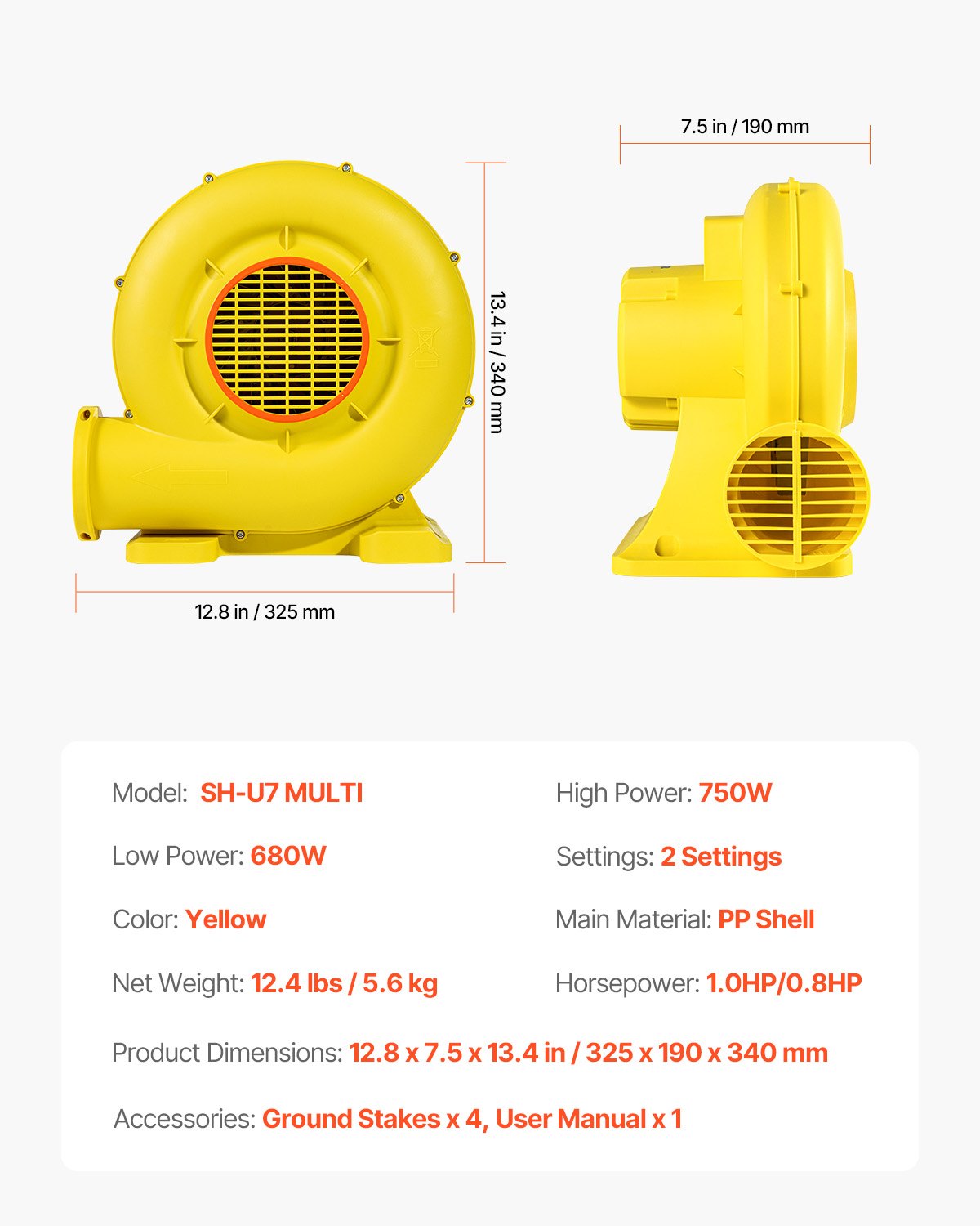 VEVOR Inflatable Blower, 590W&690W, 1.0 HP Bounce House Blower, Pump Commercial Air Blower for Inflatables, 2750RPM Bouncy Castle Electric Air Blower Fan Perfect for Bounce House, Waterslides, Yellow