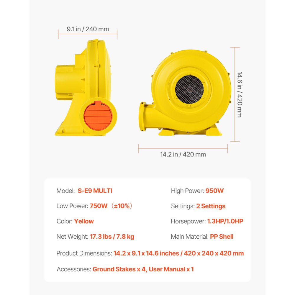 VEVOR Inflatable Blower, 870W&950W, 1.3 HP Bounce House Blower, Pump Commercial Air Blower for Inflatables, 3300RPM Bouncy Castle Electric Air Blower Fan Perfect for Bounce House, Waterslides, Yellow