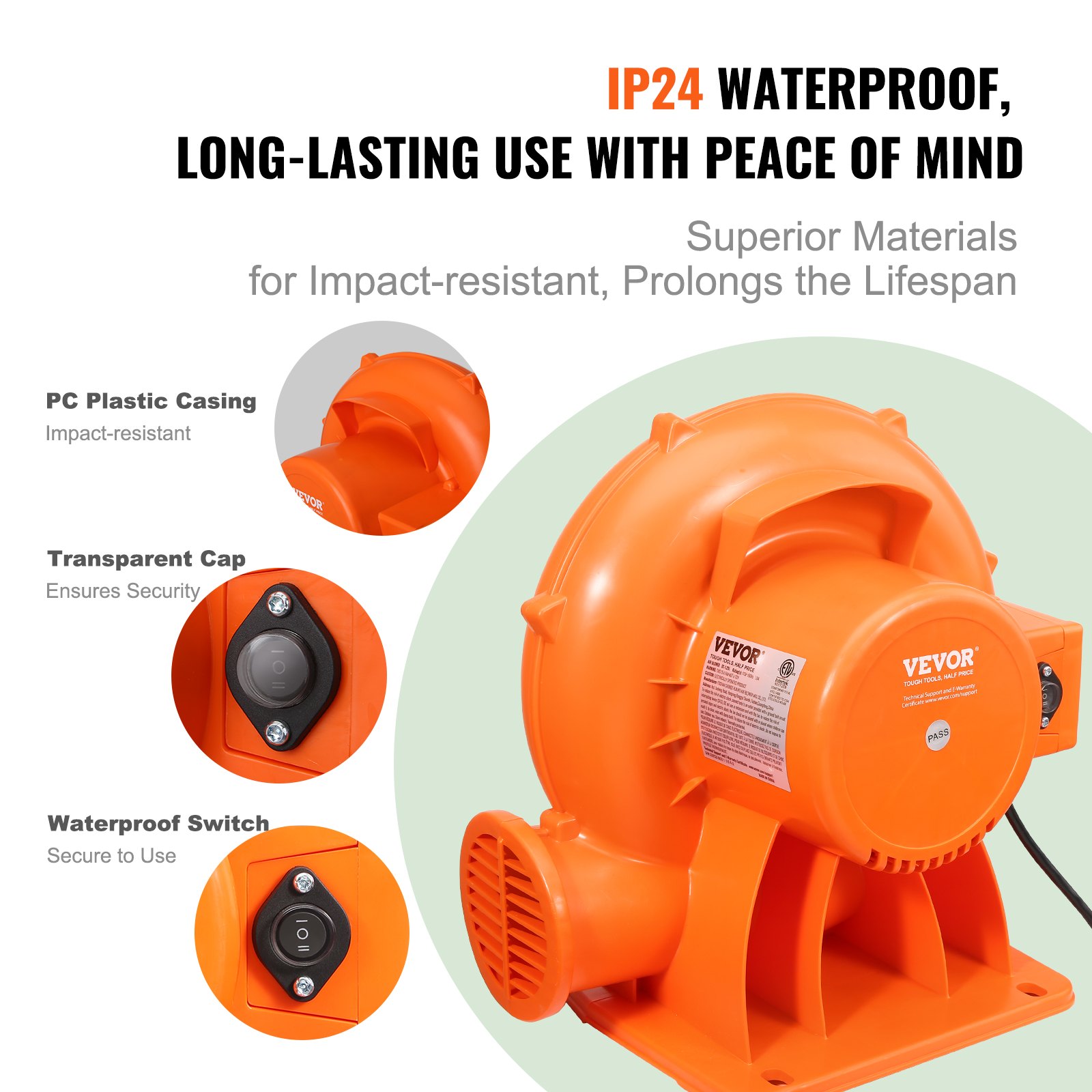 VEVOR Inflatable Blower, 950W, 1 & 1.2 HP Bounce House Blower, Pump Commercial Air Blower for Inflatables, 3300 RPM Bouncy Castle Electric Fan Perfect for Bounce House, Waterslides, ETL Listed