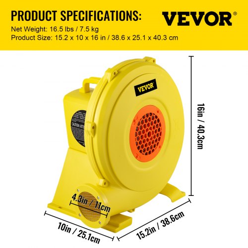 VEVOR Air Blower, 950W 1.25HP Inflatable Blower, Portable and Powerful Bounce House Blower, 2200Pa Commercial Air Blower Pump Fan, Used for Inflatable Bouncy Castle and Jump Slides, Yellow