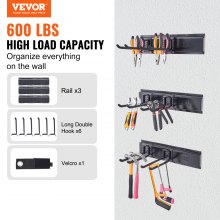 VEVOR Organiseur d'outils de garage, capacité de charge maximale de 600 lb, support de rangement mural pour jardin, organisation robuste avec 6 crochets réglables et 3 rails, pour outils de jardin, pelles, coupe-bordures et tuyaux