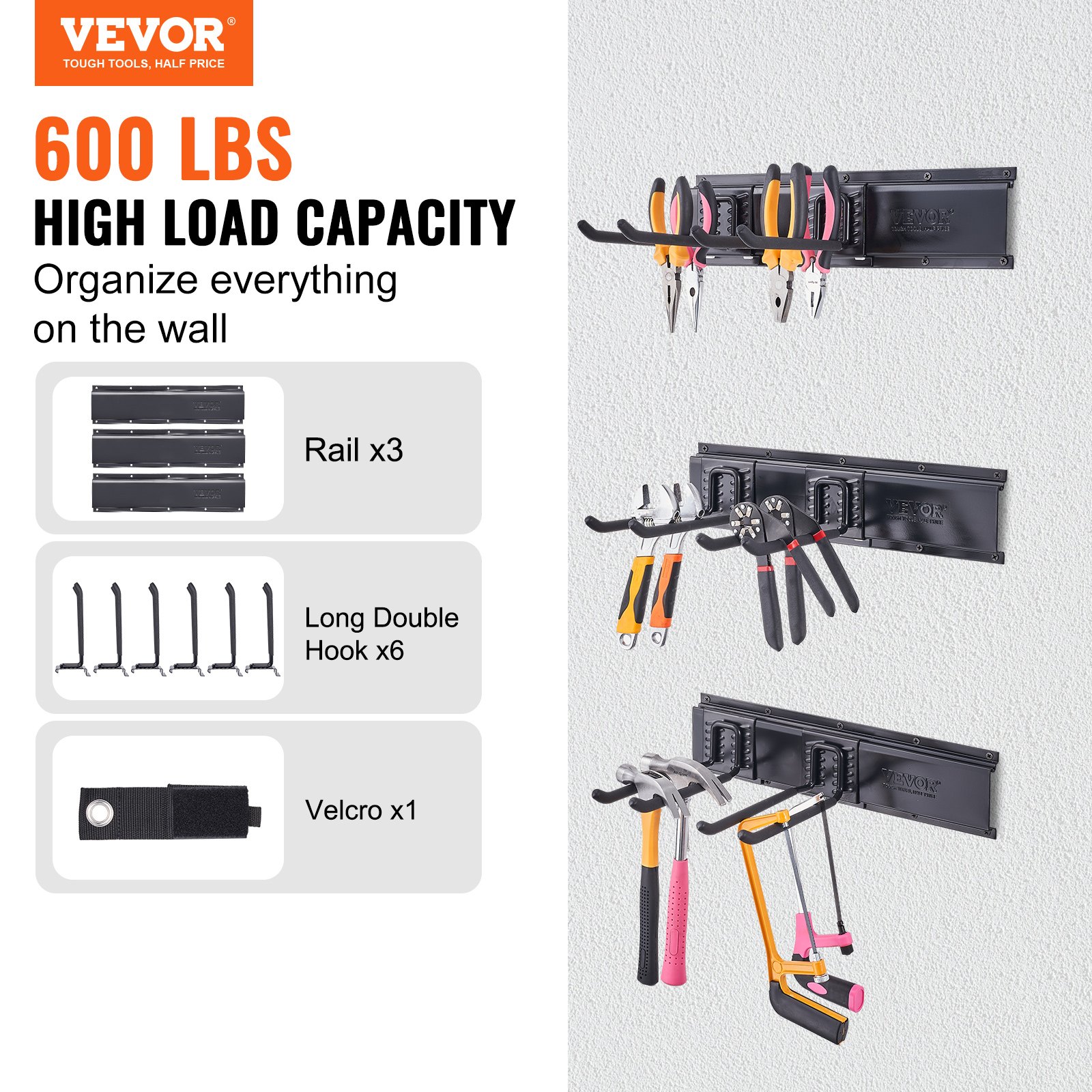 VEVOR Garage Tool Organizer, 600 lbs Max Load Capacity, Wall Mount Yard Garden Storage Rack Organization Heavy Duty with 6 Adjustable Hooks and 3 Rails, for Garden Tools, Shovels, Trimmers, and Hoses
