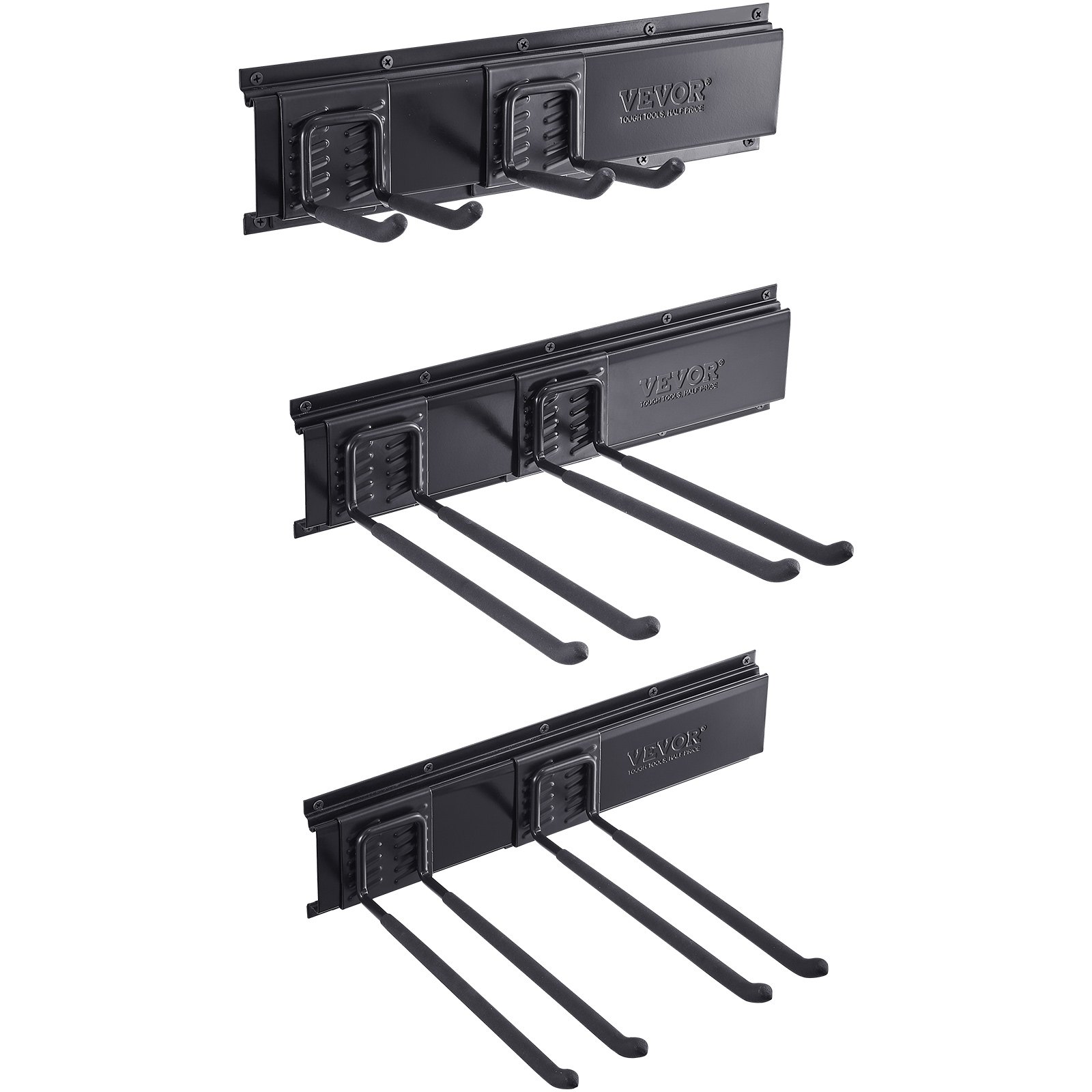 VEVOR Garage Tool Organizer, 300 lbs Max Load Capacity, Wall Mount Yard Garden Storage Rack Organization Heavy Duty with 6 Adjustable Hooks and 3 Rails, for Garden Tools, Shovels, Trimmers, and Hoses