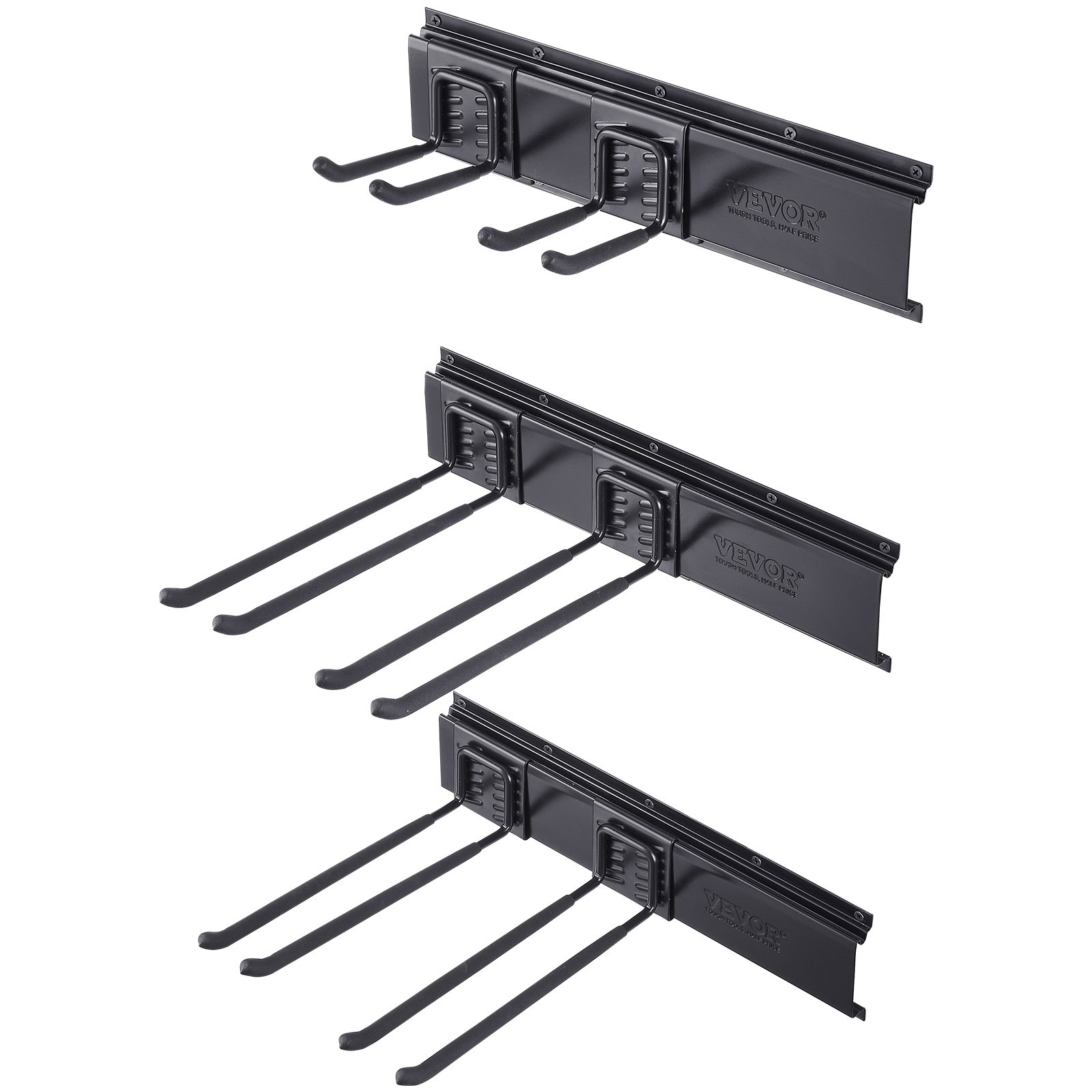 VEVOR Garage Tool Organizer, 300 lbs Max Load Capacity, Wall Mount Yard Garden Storage Rack Organization Heavy Duty with 6 Adjustable Hooks and 3 Rails, for Garden Tools, Shovels, Trimmers, and Hoses