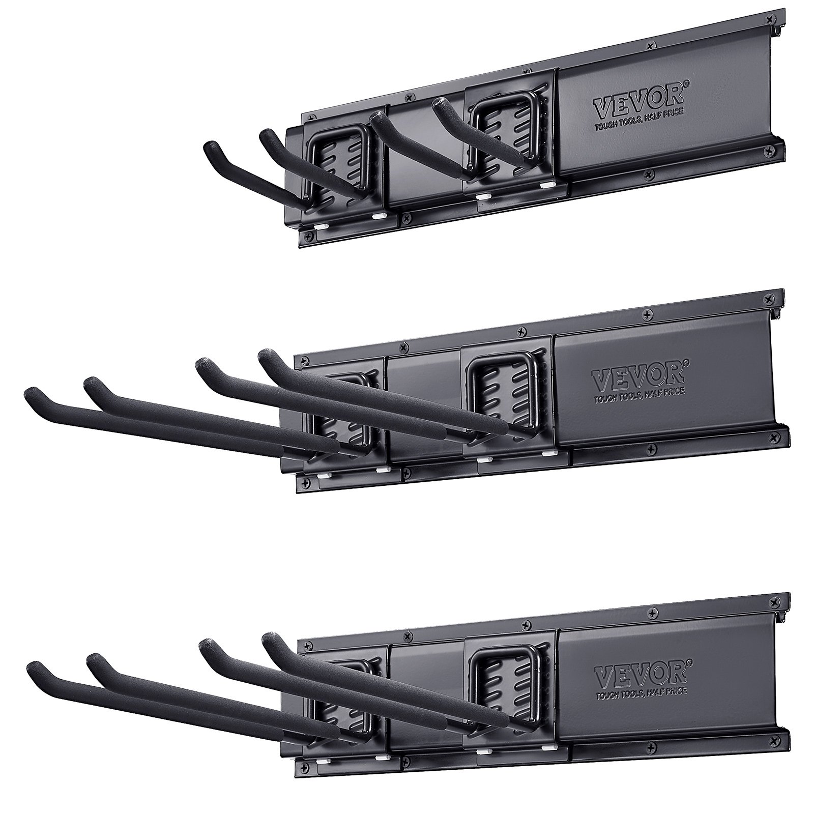 VEVOR Garage Tool Organizer, 300 lbs Max Load Capacity, Wall Mount Yard Garden Storage Rack Organization Heavy Duty with 6 Adjustable Hooks and 3 Rails, for Garden Tools, Shovels, Trimmers, and Hoses