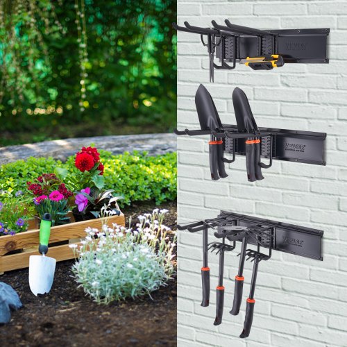 Sinoer Tuingereedschap Opbergrek met Haken en Wielen, Garage Gereedschap Organizer, 3-laags Metalen Opbergplanken, Opberghouder voor Gras, Schuur, Garage, Tuin en Terras