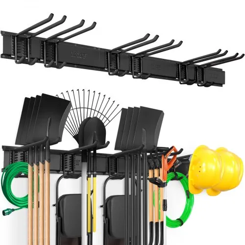 VEVOR Garage Tool Organizer, 362.9 kg Max Load Capacity, Wall Mount Yard Garden Storage Rack Organization Heavy Duty with 6 Adjustable Hooks and 3 Rails, for Garden Tools, Shovels, Trimmers, and Hoses