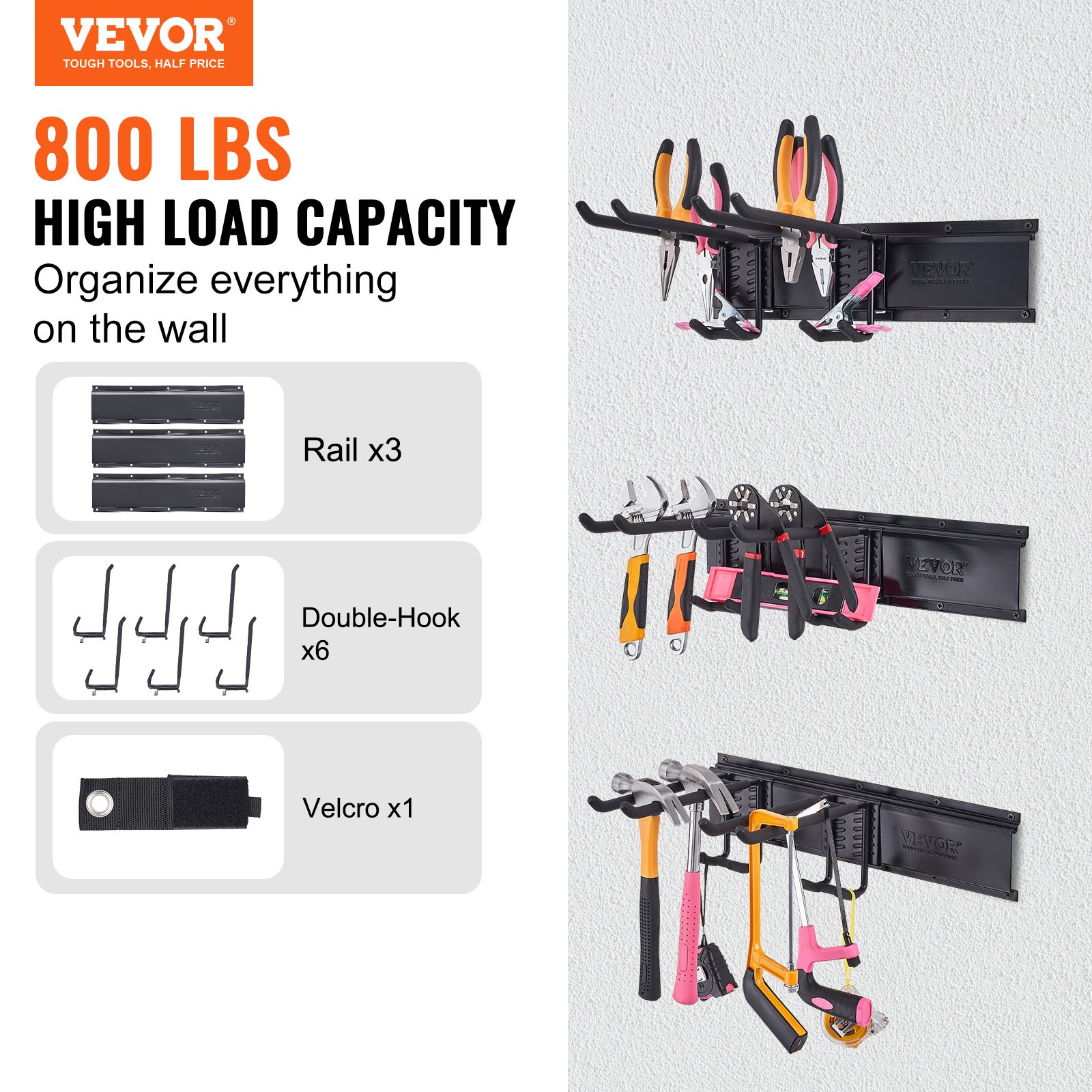 VEVOR Garage Tool Organizer, 362.9 kg Max Load Capacity, Wall Mount Yard Garden Storage Rack Organization Heavy Duty with 6 Adjustable Hooks and 3 Rails, for Garden Tools, Shovels, Trimmers, and Hoses