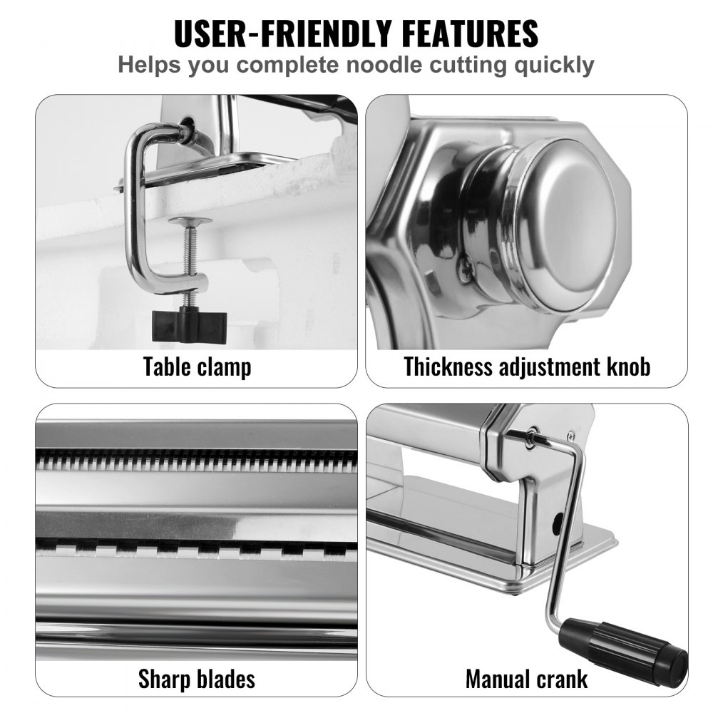 VEVOR pasta maker with table clamp, thickness adjustment knob, sharp blades, and manual crank.