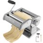VEVOR pasta maker stainless steel machine rolling out fresh pasta dough with clamp and brush accessory.