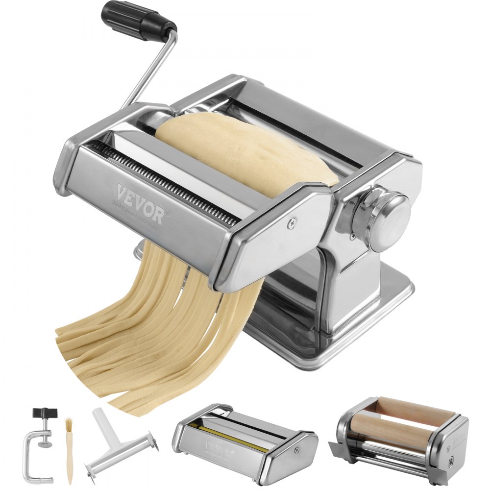 VEVOR-pastakone, 9 säädettävää paksuusasetusta nuudelikone, ruostumattomasta teräksestä valmistetut nuudelirullat ja -leikkuri, manuaalinen käsipuristin, pastanvalmistuksen keittiötyökalusarja, täydellinen spagettilasagnelle