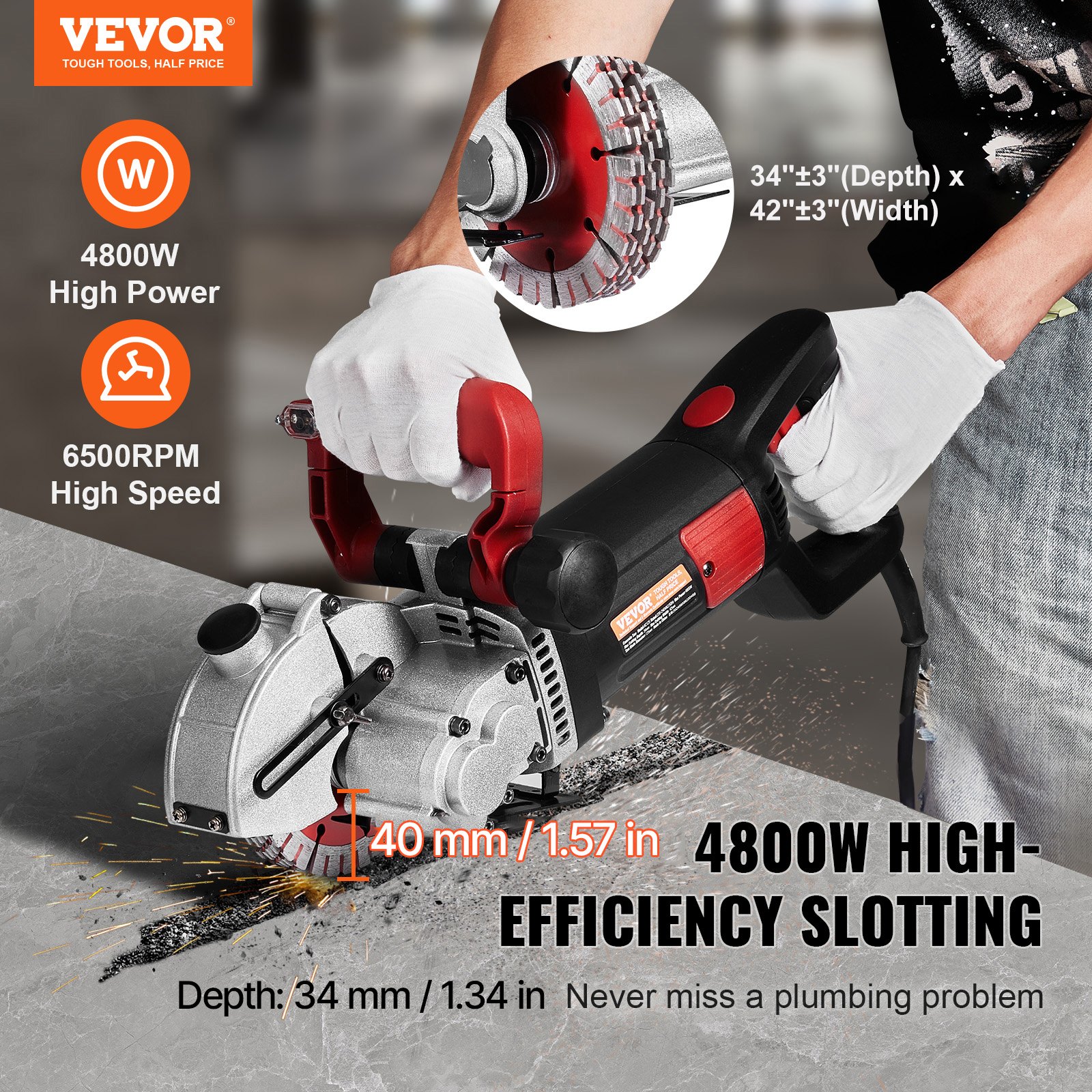 VEVOR Wall Chaser, 34 mm Cutting Depth Wall Cutting Machine 2500W Wall Groove Cutting Machine 38 mm Cutting Width Wall Slotting Machine With 5 Saw Blades 115 mm Diameter 6300r/Min with Infrared Ray