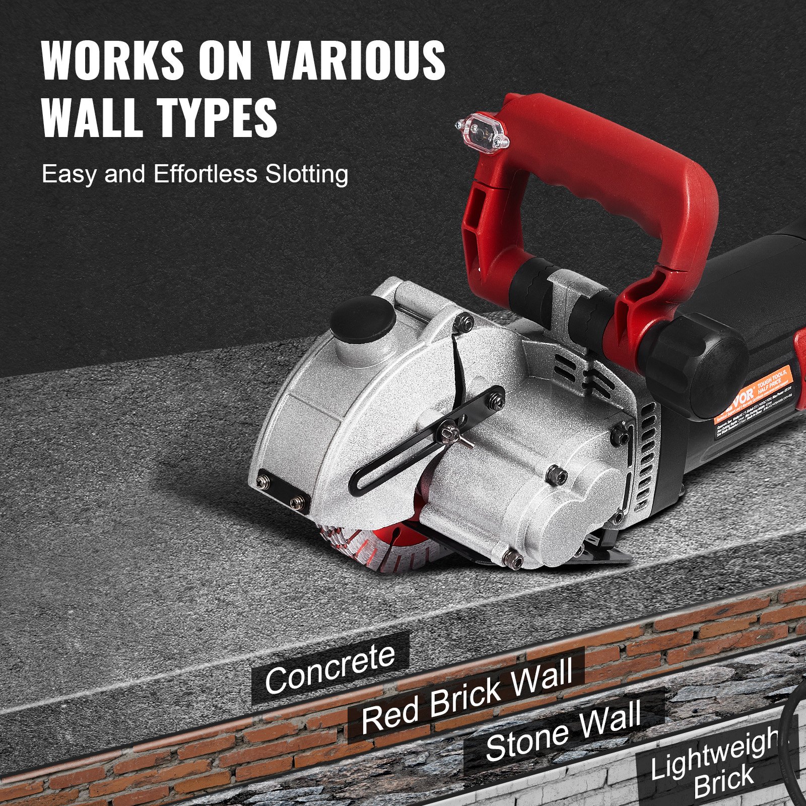 VEVOR Wall Chaser, 34 mm Cutting Depth Wall Cutting Machine 2500W Wall Groove Cutting Machine 38 mm Cutting Width Wall Slotting Machine With 5 Saw Blades 115 mm Diameter 6300r/Min with Infrared Ray