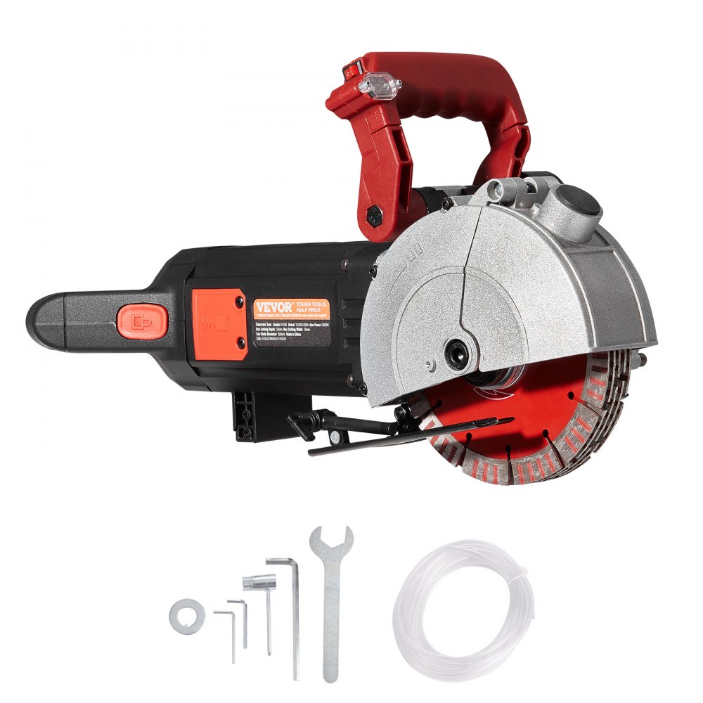 VEVOR wall chaser with accessories including blades, wrenches, and hose.