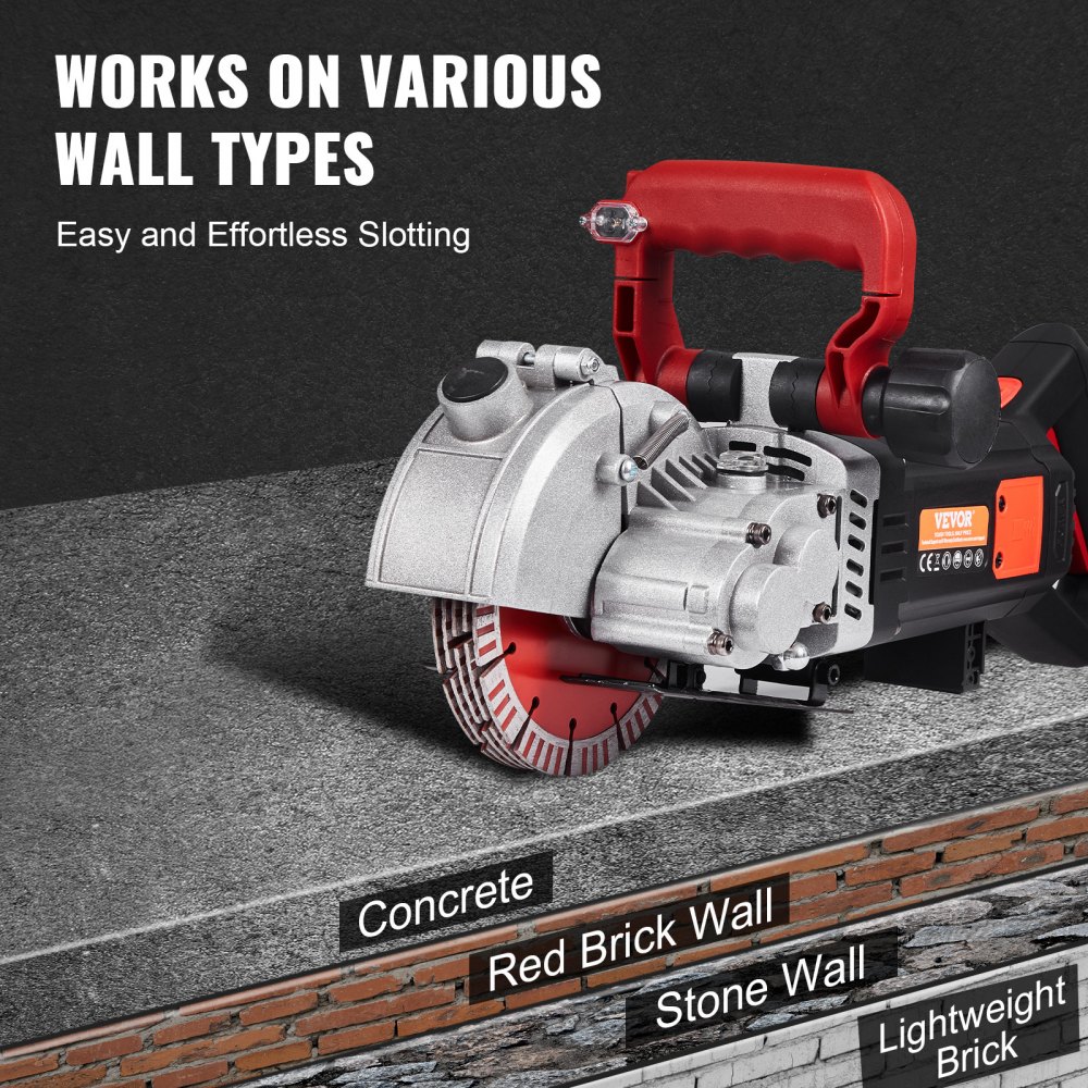 VEVOR Wall Chaser, 2500W 38mm/1.5" Cutting Width,Wall Groove Cutting Machine 52mm/2" Cutting Depth,Wall Slotting Machine With 5 Saw Blades 6.3" Diameter 6300r/Min,One-time Forming Dustless