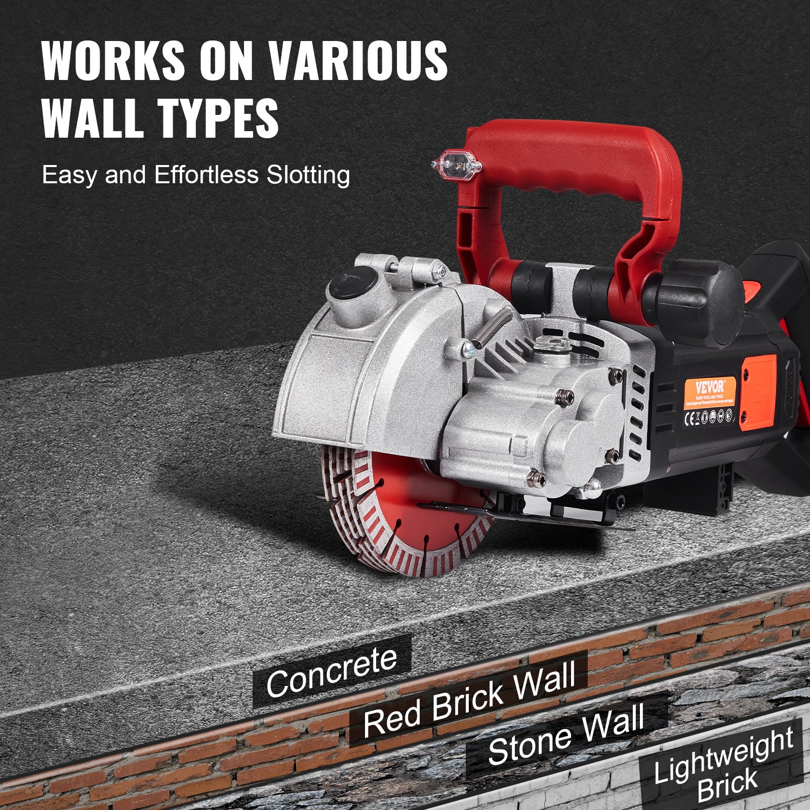 VEVOR Wall Chaser, 2500W 38mm/1.5" Cutting Width,Wall Groove Cutting Machine 52mm/2" Cutting Depth,Wall Slotting Machine With 5 Saw Blades 6.3" Diameter 6300r/Min,One-time Forming Dustless