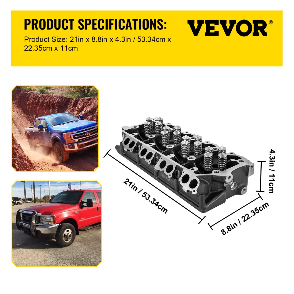 VEVOR cylinder head assembly with size specifications and two off-road truck images.