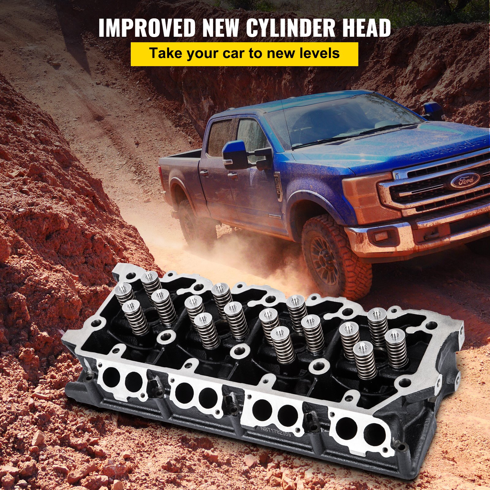 VEVOR cylinder head assembly in front of a blue truck on a rugged dirt road.