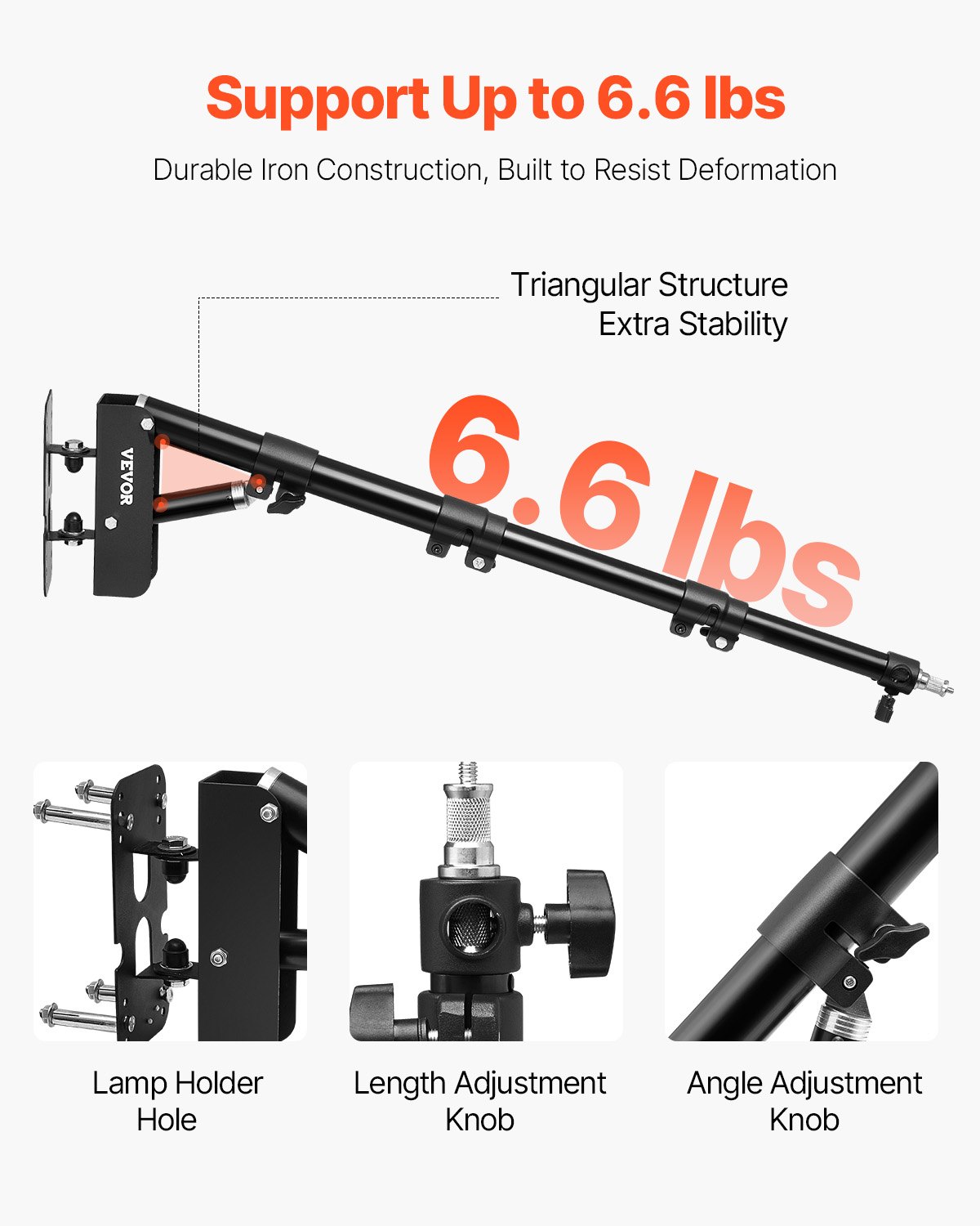 VEVOR Ring Light Wall Mount Boom Arm, 39.37 in/100 cm, Triangle Boom Arm Support 180° Rotation, Heavy Duty Wall Stand Tirpod Support, for Studio Video Light, Monolight, Photography, Softbox, Reflector