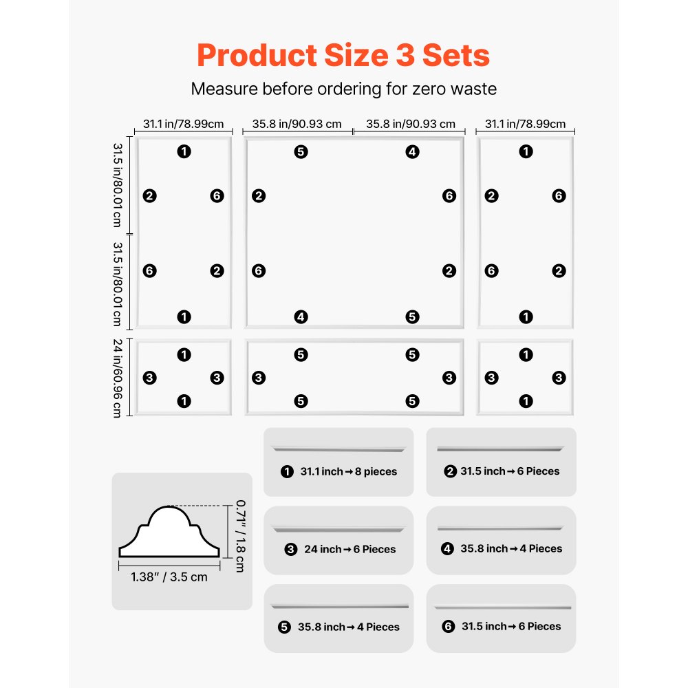 VEVOR Wall Molding 3 Pack, Wainscoting Panels Kit, Lightweight Paintable Polystyrene, Easy to Install Accent Wall Trim for Interior Décor Living Room, Bedroom, Home, White (79x160 + 79x61 cm)