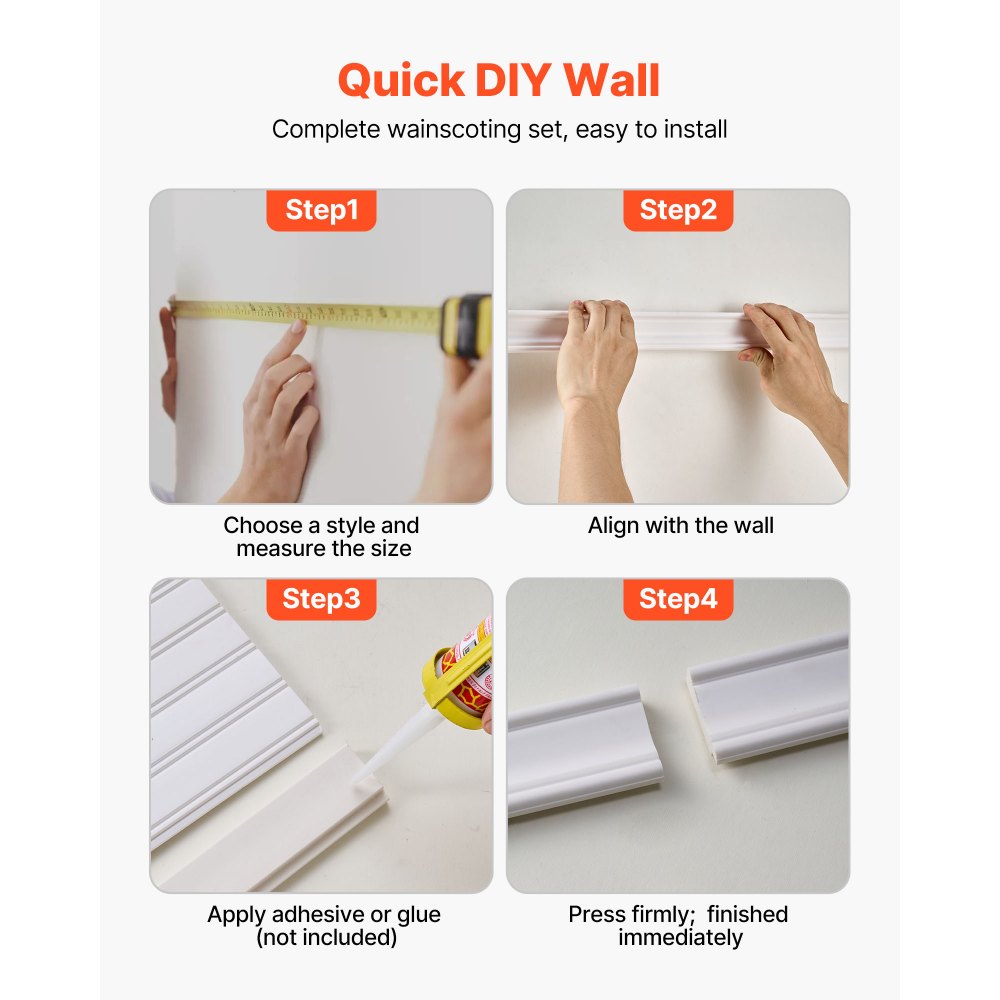 VEVOR Wall Molding Kit, Wainscoting Panels, Lightweight Paintable Polystyrene, Easy to Install,  Wide & Narrow Accent Wall Trim for Interior Décor Living Room, Bedroom, Home, White (197 x 98 cm )