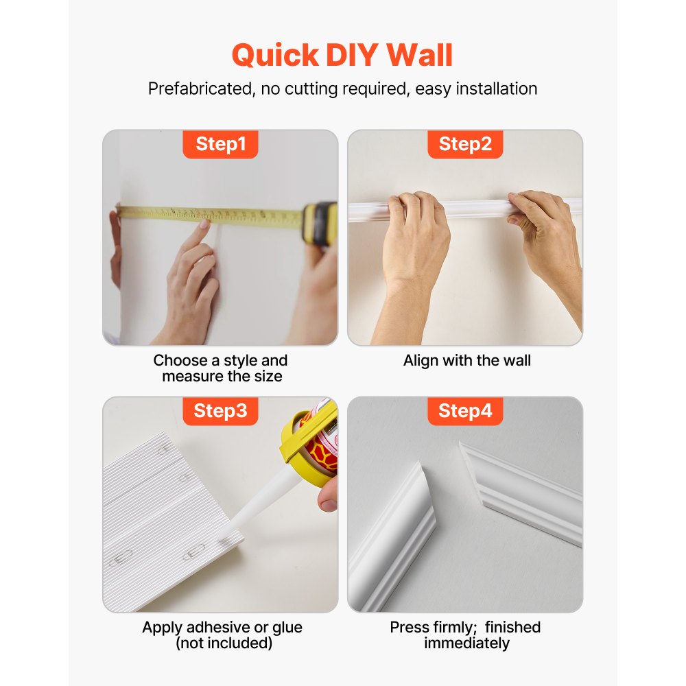 VEVOR Wall Molding 3 Pack, Wainscoting Panels Kit, Lightweight Paintable Polystyrene, Easy to Install, Waterproof Accent Wall Trim for Interior Décor Living Room, Bedroom, White (61x137 + 61x61 cm)