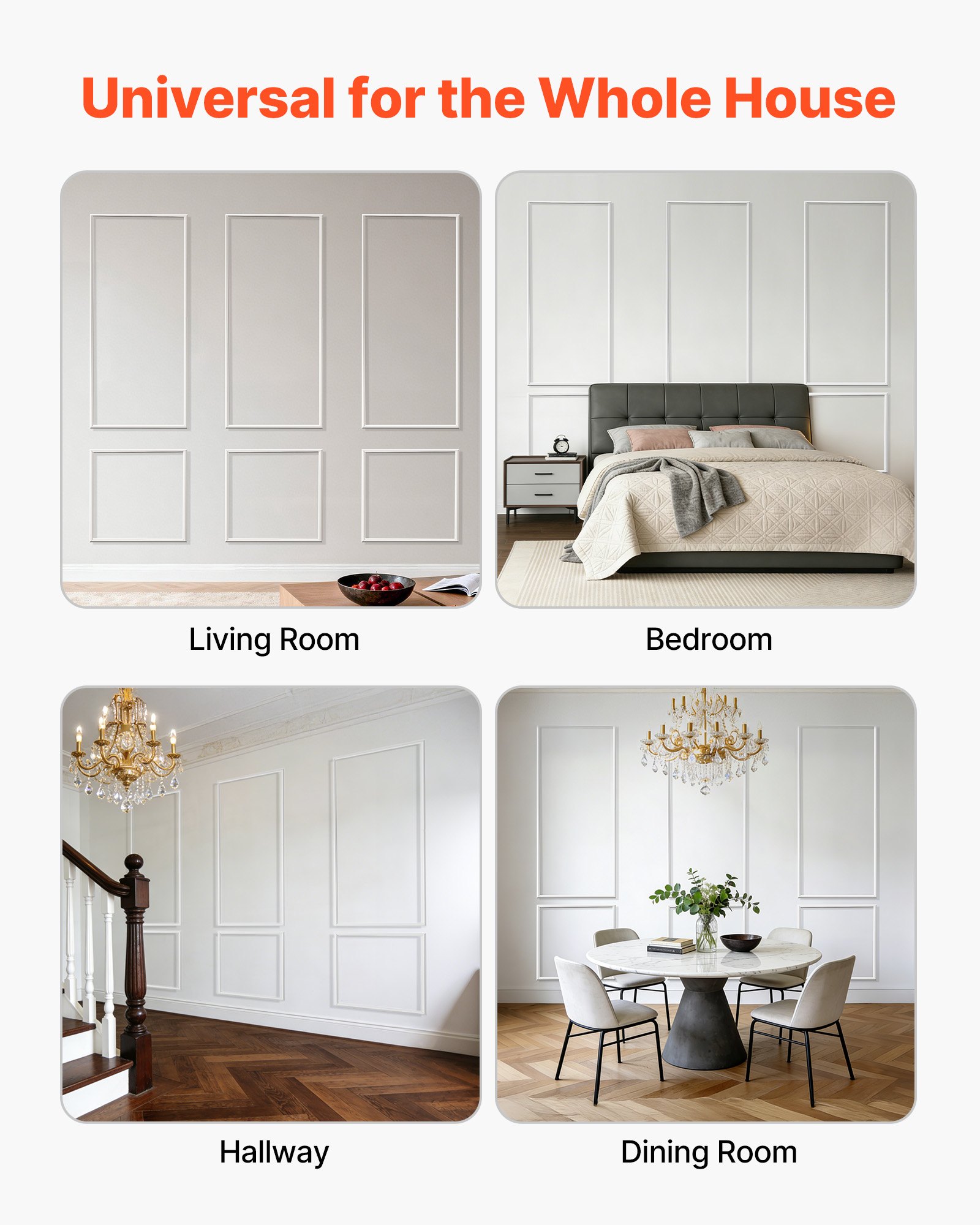 VEVOR Wall Molding 3 Pack, Wainscoting Panels Kit, Lightweight Paintable Polystyrene, Easy to Install, Waterproof Accent Wall Trim for Interior Décor Living Room, Bedroom, White (61x137 + 61x61 cm)