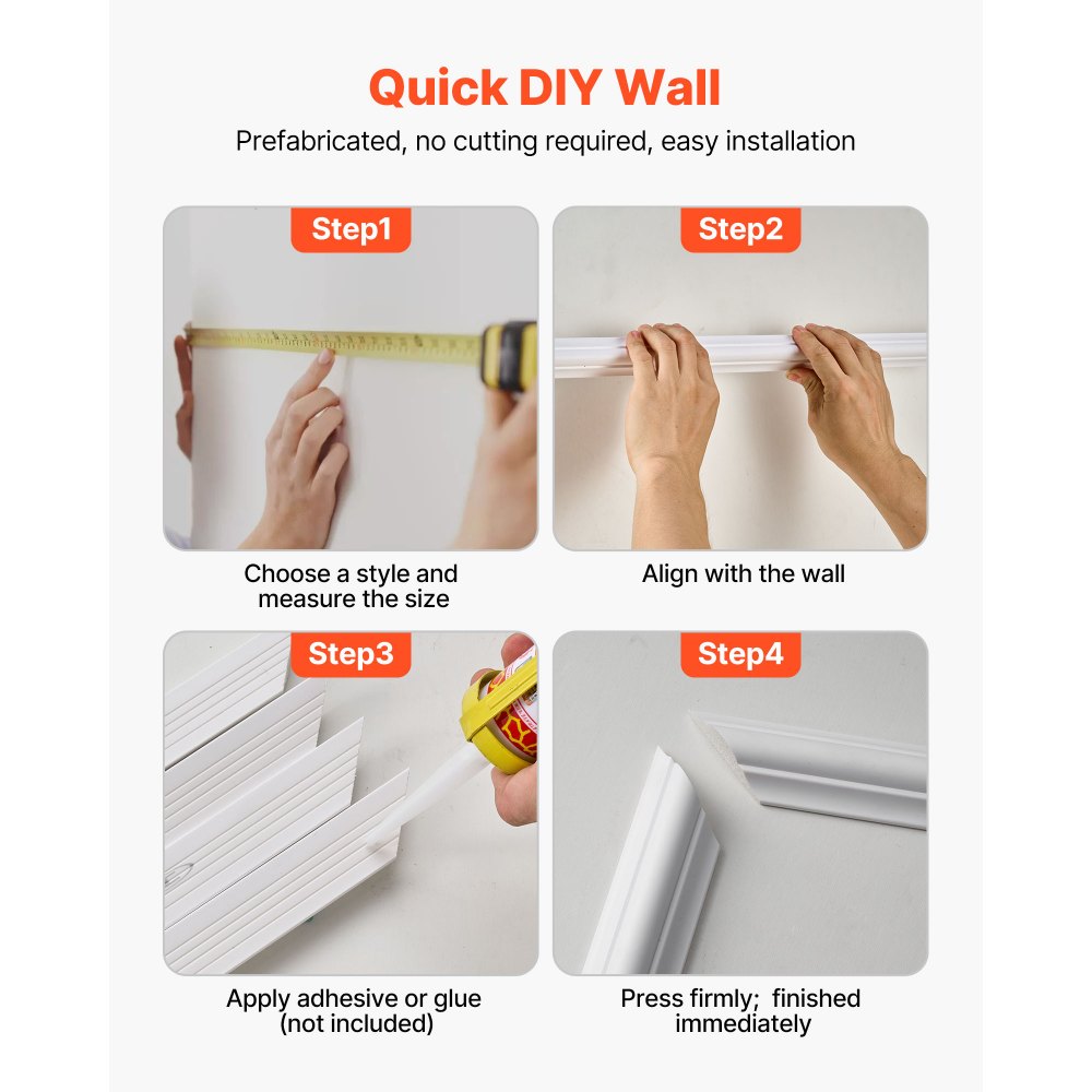 VEVOR Wall Molding 3 Pack, Wainscoting Panels Kit, Lightweight Paintable Polystyrene, Easy to Install, Waterproof Accent Wide Profile Trim for Interior Living Room, Bedroom,White (61x137 + 61x61 cm)