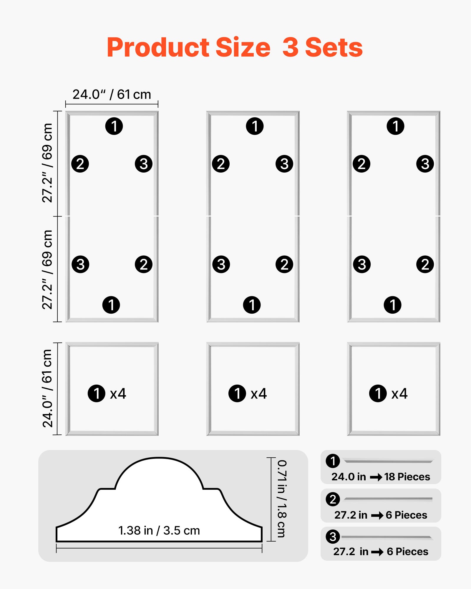 VEVOR Wall Molding 3 Pack, Wainscoting Panels Kit, Lightweight Paintable Polystyrene, Easy to Install, Waterproof Accent Wide Profile Trim for Interior Living Room, Bedroom,White (61x137 + 61x61 cm)