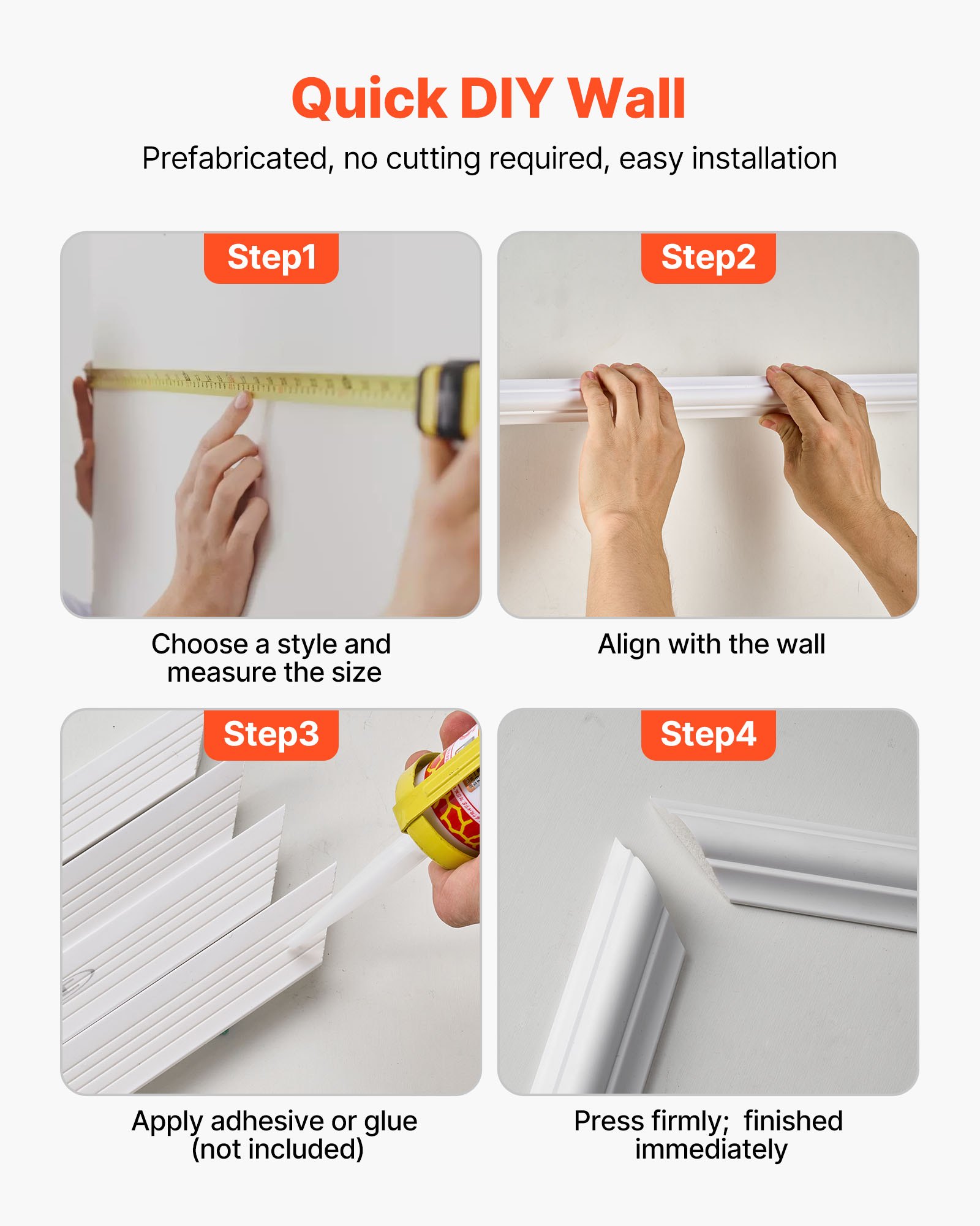 VEVOR Wall Molding 3 Pack, Wainscoting Panels Kit, Lightweight Paintable Polystyrene, Easy to Install, Waterproof Accent Wide Profile Trim for Interior Living Room, Bedroom,White (61x137 + 61x61 cm)