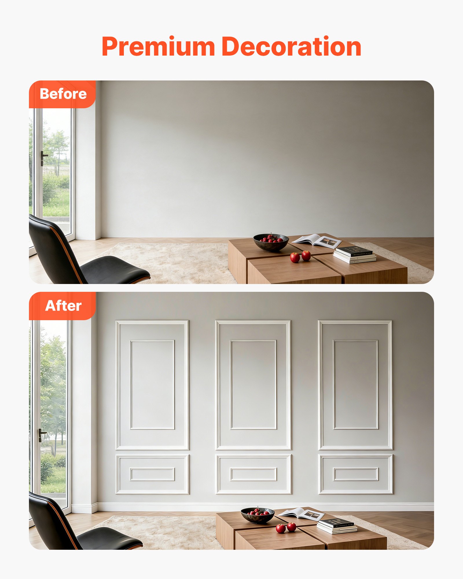 VEVOR Wall Molding 3 Pack, Wainscoting Panels Kit with Dual-Line Wide & Narrow Profile, Lightweight Paintable Polystyrene, Easy to Install Accent Wall Trim for Interior Living Room, Bedroom,White