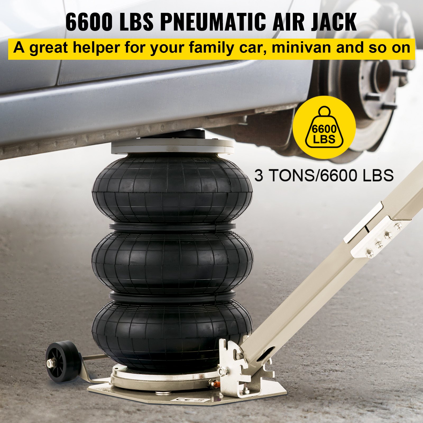VEVOR Air Bag Jack 6600lbs Capacity Pneumatic Jack Quick Lift 3T, Heavy Duty, Car Repair Jacks and Floor Jacks, Folding Rod Fast Lifting, Triple Bag, with Two Wheels, Quick Car Lifting Jack