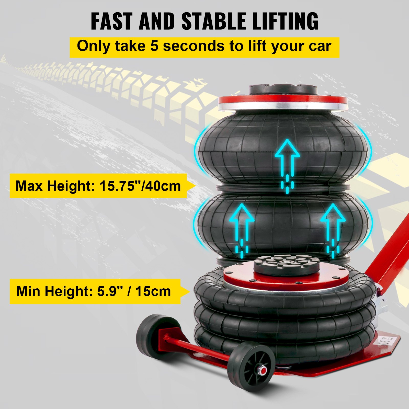 VEVOR Air Bag Jack 6600lbs Capacity Pneumatic Jack Quick Lift 3T, Heavy Duty, Car Repair Jacks and Floor Jacks, Folding Rod Fast Lifting, Triple Bag, with Two Wheels, Quick Car Lifting Jack, Red