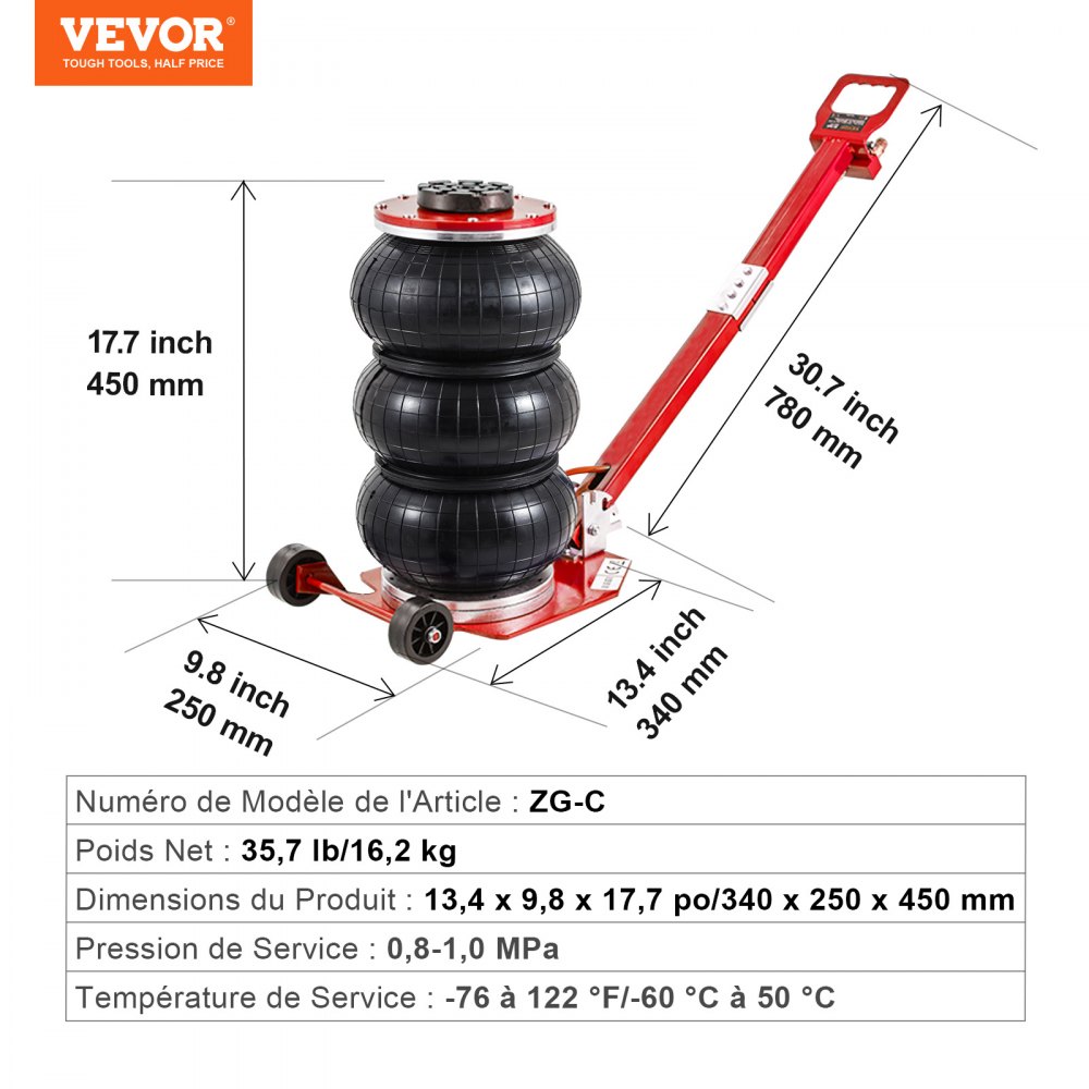 VEVOR Air Jack, 3 Ton/3000 kg Triple Bag Air Jack, Airbag Jack with Six Steel Pipes, Lift up to 44.9 cm, 3-5 s Fast Lifting Pneumatic Jack, with Adjustable Long Handle for Cars, Garages, Repair (Red)