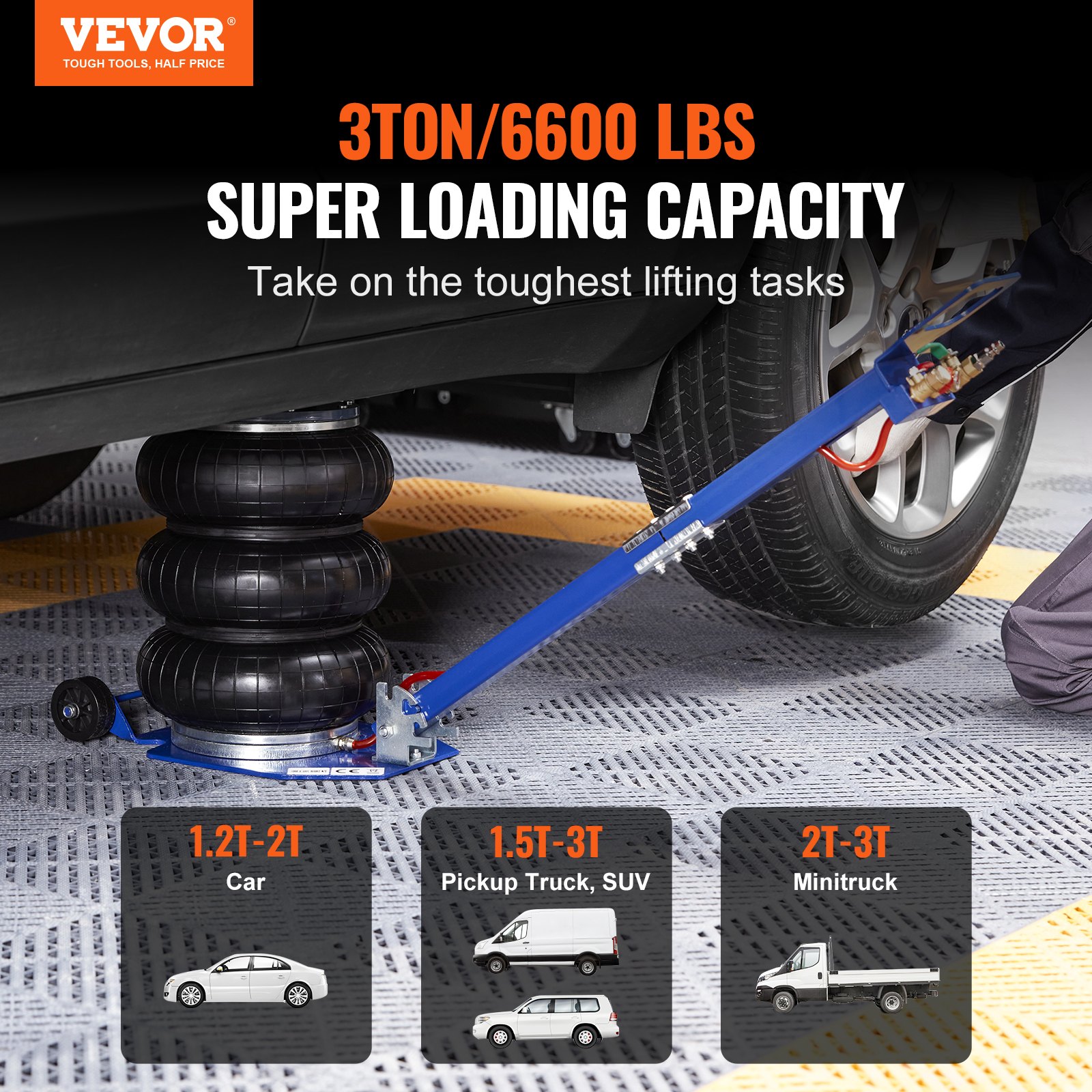 VEVOR Air Jack, 3 Ton/3000 kg Triple Bag Air Jack, Airbag Jack with Six Steel Pipes, Lift up to 44.9cm, 3-5 s Fast Lifting Pneumatic Jack, with Adjustable Long Handles for Cars, Garages, Repair (Blue)