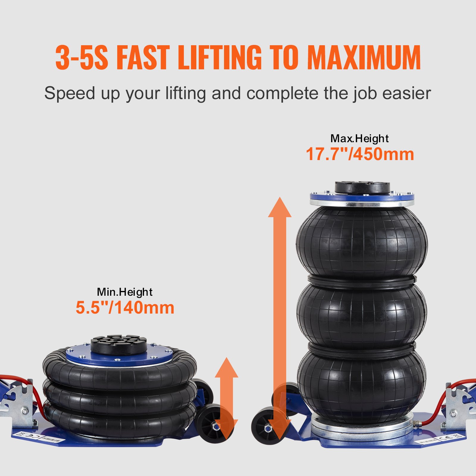 VEVOR Air Jack, 3 Ton/3000 kg Triple Bag Air Jack, Airbag Jack with Six Steel Pipes, Lift up to 44.9cm, 3-5 s Fast Lifting Pneumatic Jack, with Adjustable Long Handles for Cars, Garages, Repair (Blue)