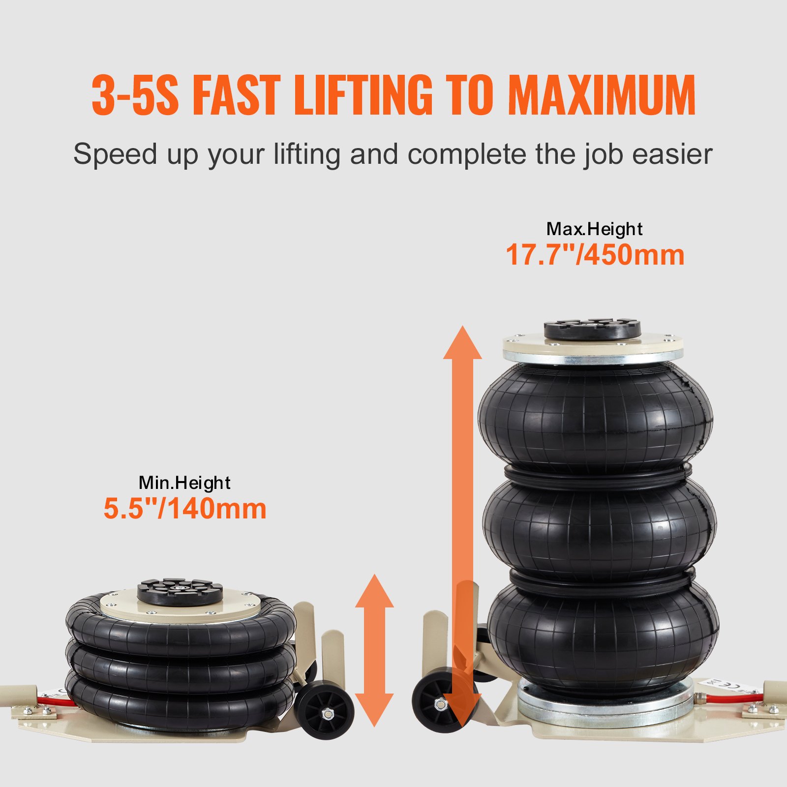 VEVOR triple bag air jack, minimum height 5.5&quot;/140mm, maximum height 17.7&quot;/450mm, fast lifting.