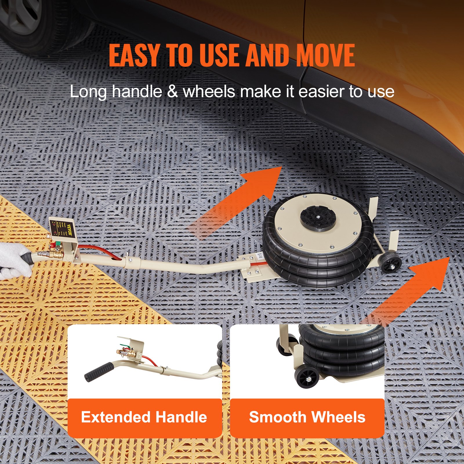 VEVOR triple bag air jack with extended handle and smooth wheels for easy vehicle lifting.
