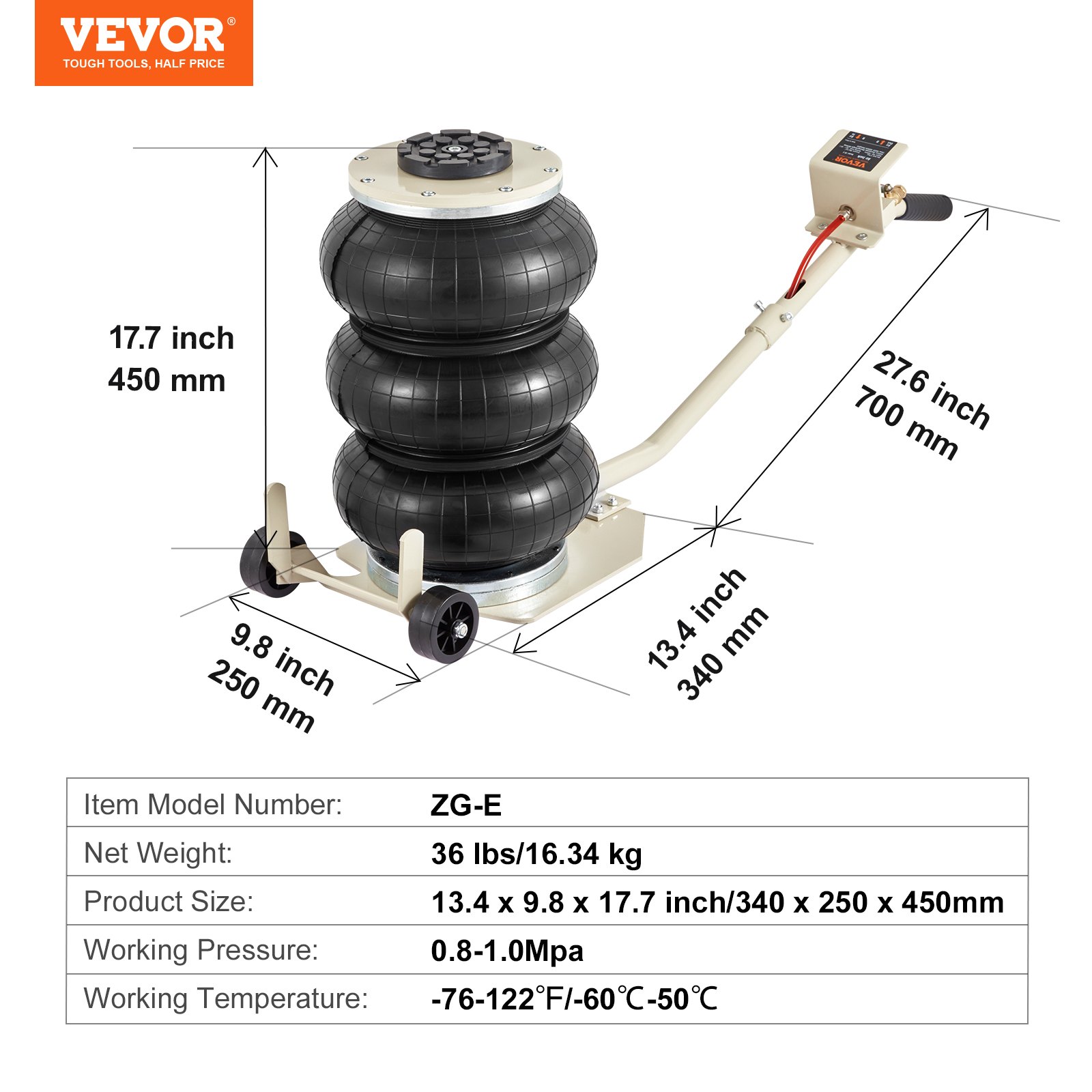 VEVOR triple bag air jack with dimensions, weight, and pressure specifications detailed.