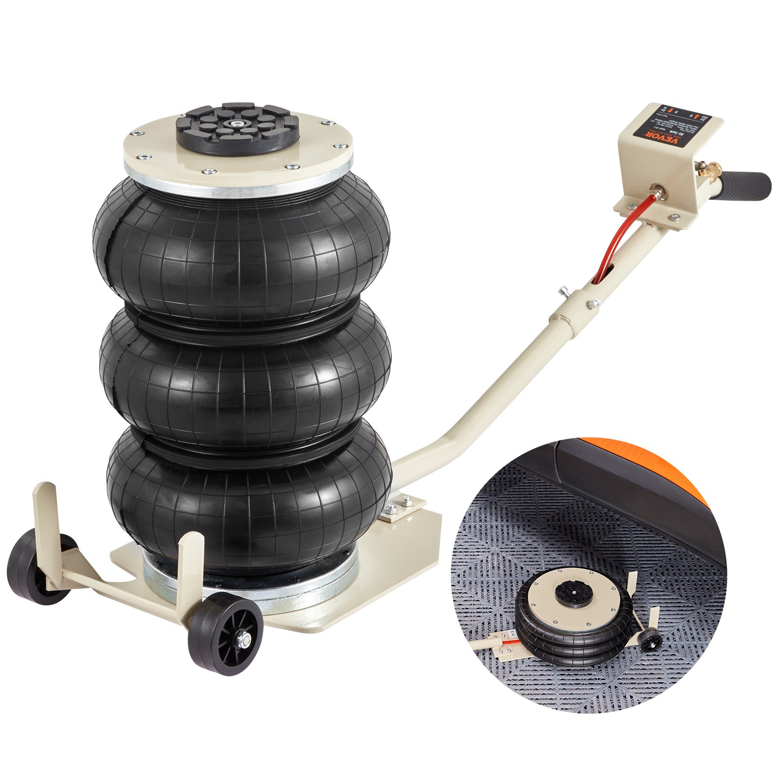 VEVOR triple bag air jack with pneumatic wheels and handle, lifting a vehicle in the inset image.
