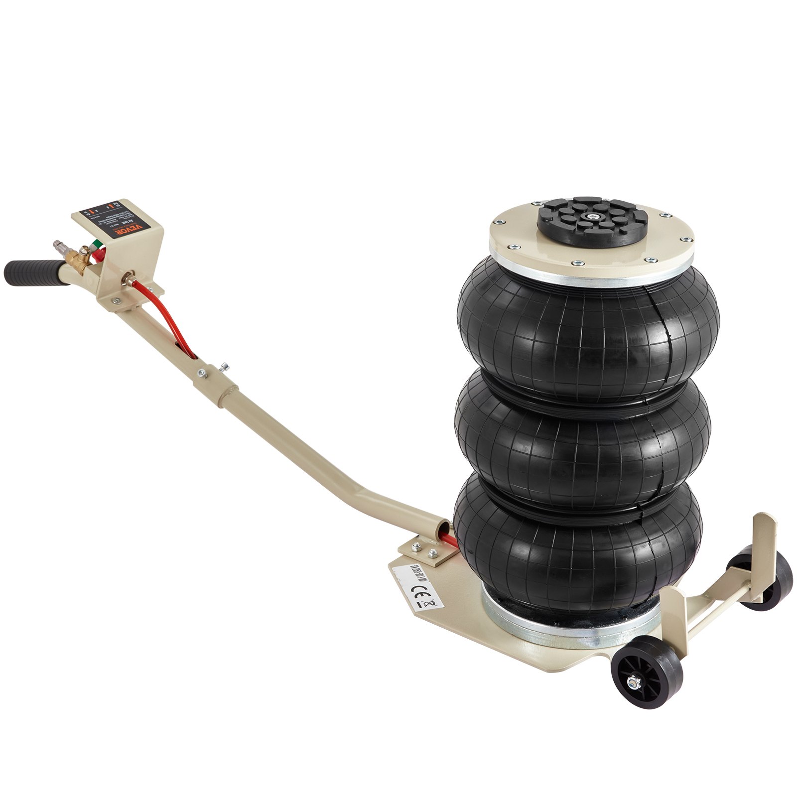 VEVOR triple bag air jack with handle, control panel, and three inflated black bags on wheels.