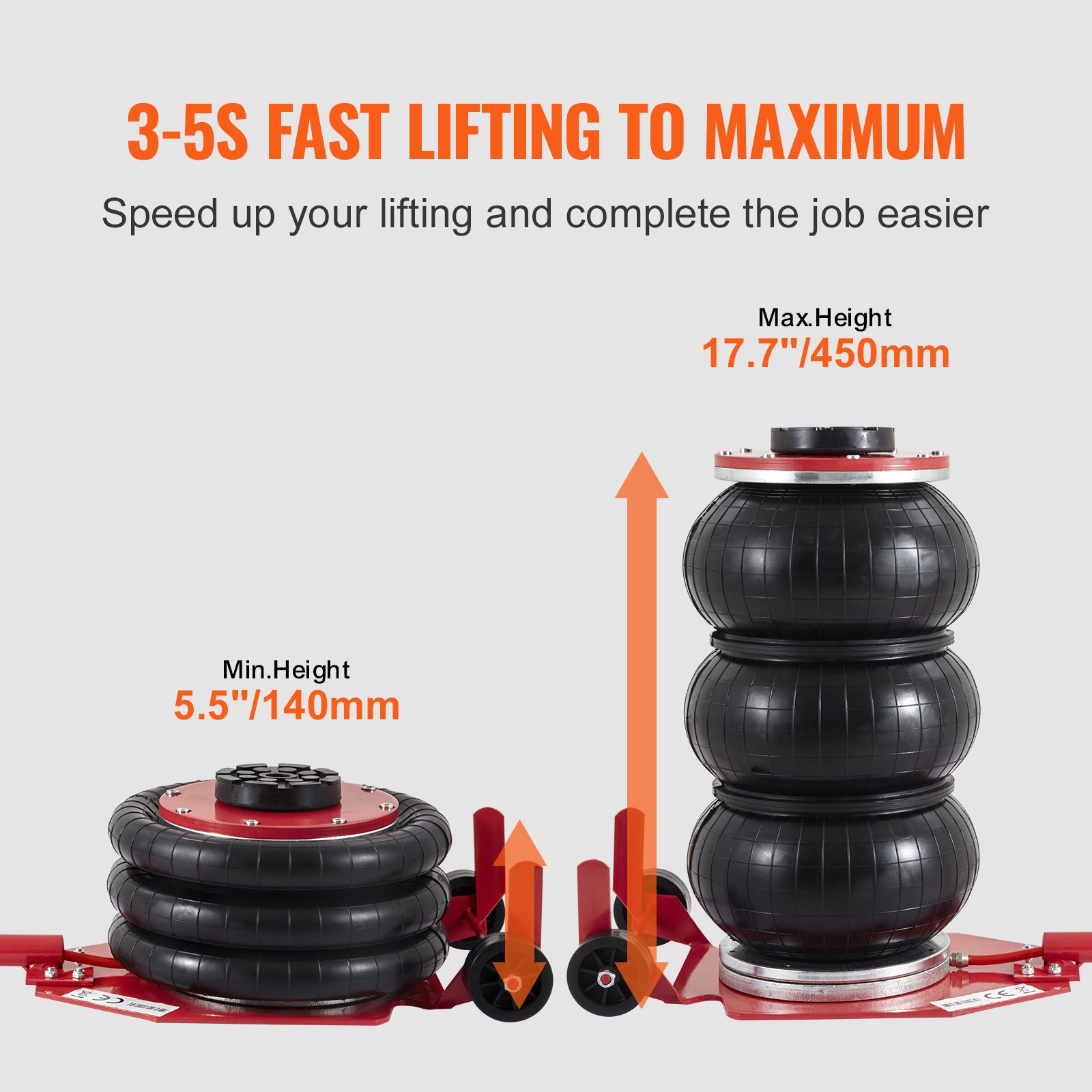 VEVOR air jack with 3-5s lifting time, minimum height 5.5&quot;/140mm, maximum height 17.7&quot;/450mm.