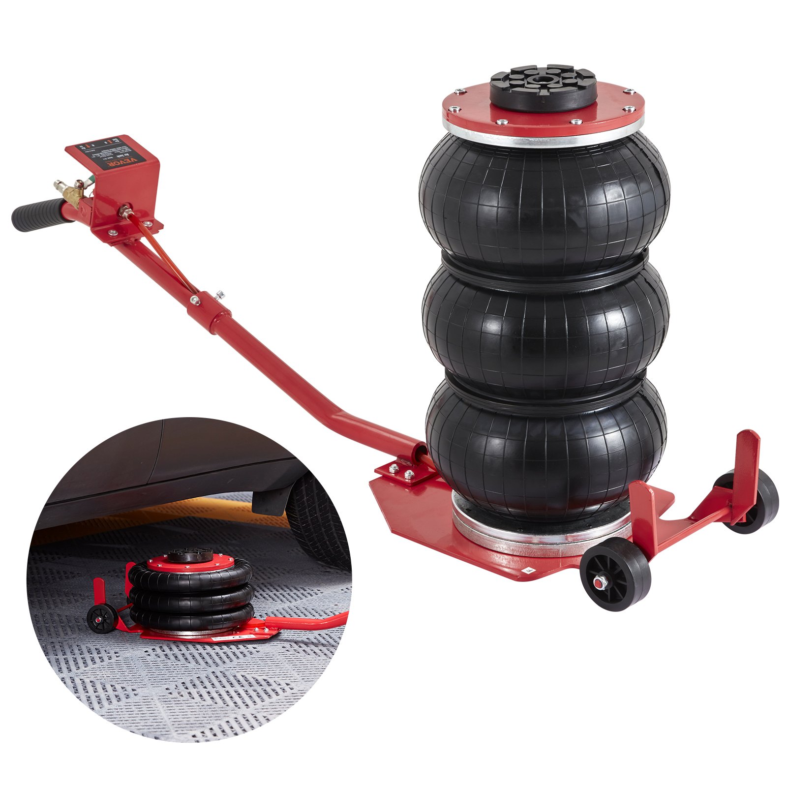 VEVOR air jack with handle and black air cushions, lifting a car in an inset view.
