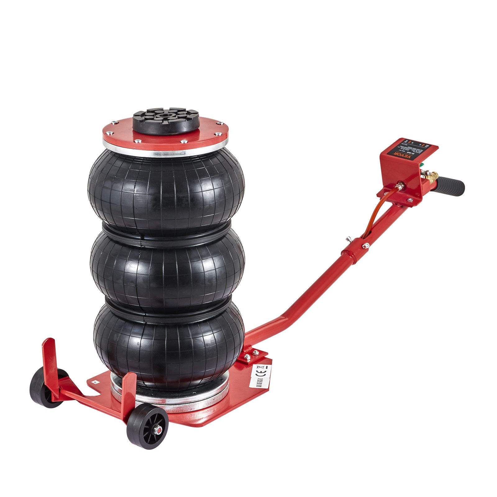 red VEVOR air jack with black air bags, metal base, and handle for lifting heavy vehicles.