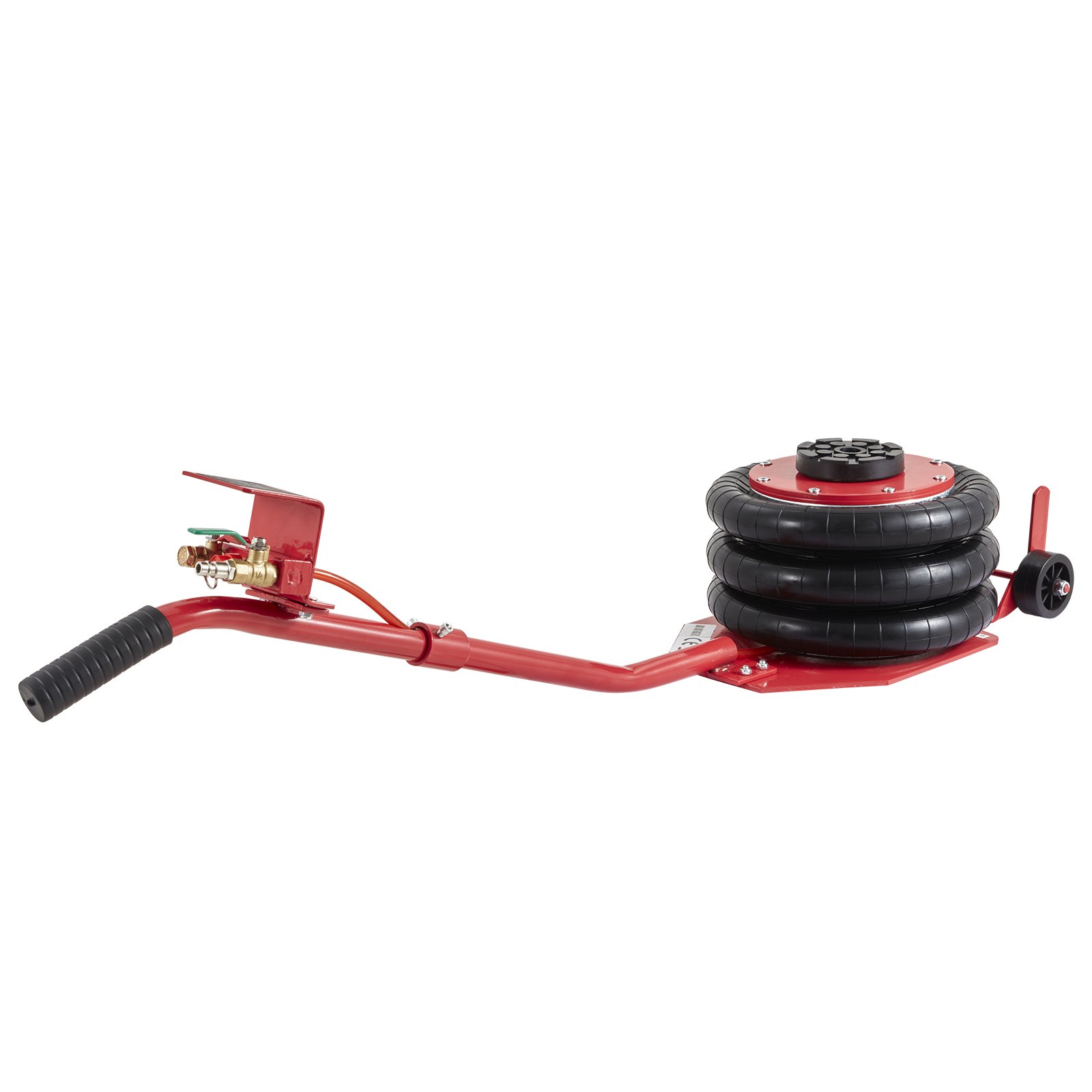 red VEVOR air jack with three black pneumatic bags and handle, side view.