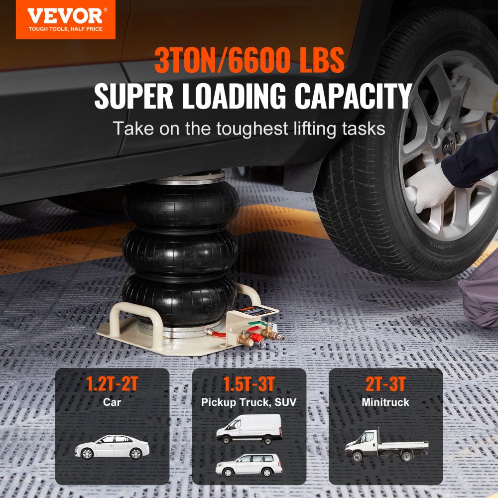 VEVOR Air Jack, 3 Ton/6600 lbs Triple Bag Air Jack, Air Bag Jack Lift Up to 450 mm, 3-5S Fast Lifting Pneumatic Jack, with Side Handles for Cars, Garages, Repair (White)
