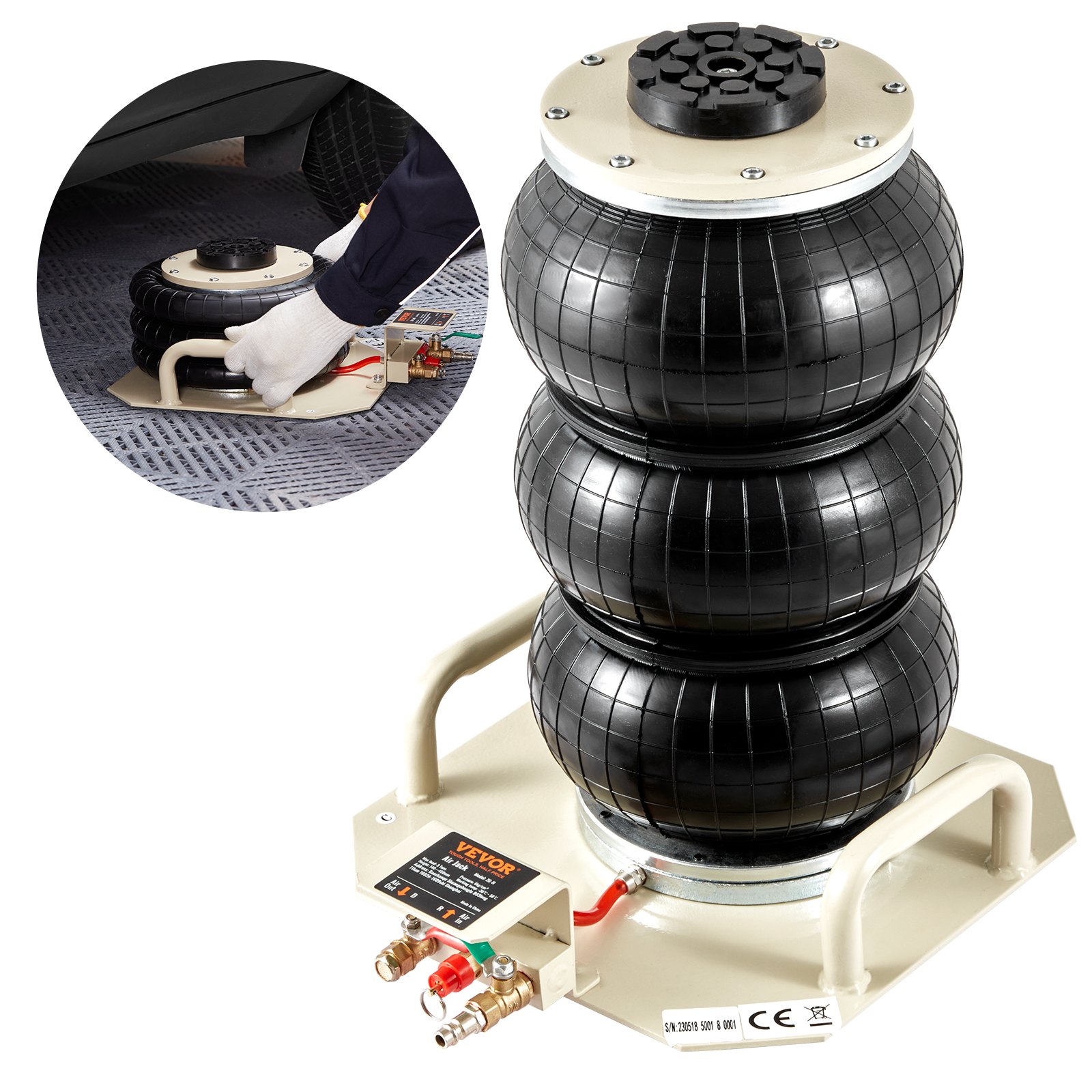 VEVOR Air Jack, 3 Ton/6600 lbs Triple Bag Air Jack, Air Bag Jack Lift Up to 450 mm, 3-5S Fast Lifting Pneumatic Jack, with Side Handles for Cars, Garages, Repair (Beige)