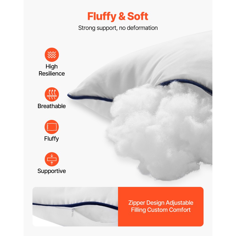 VEVOR 18 x 18 in Throw Pillow Inserts, Set of 2, Firm and Fluffy Decorative Down Alternative Pillows with Polyester Fiber, Square White Cushion with Zipper, for Indoor Bed Couch Sofa and Living Room